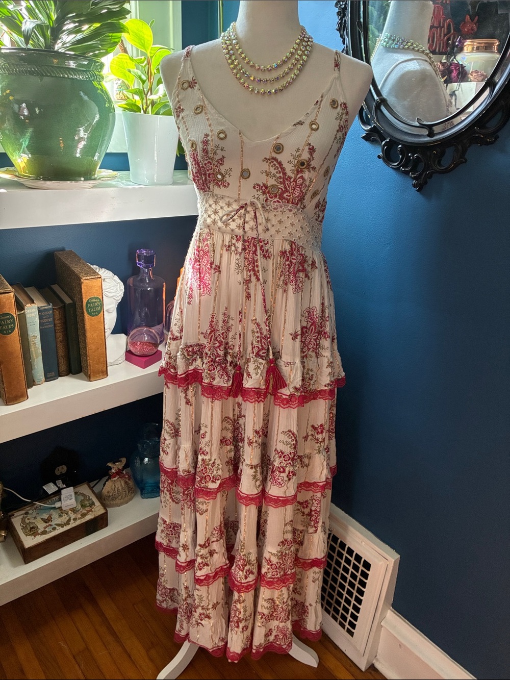 Bohemian Cream Maxi Dress with Pink Floral Trim
